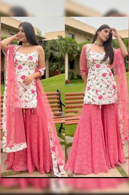 White And Pink Sharara Suit On Poli Riyon With Digital Print Work White And Pink Sharara Suit On Poli Riyon With Digital Print Work
