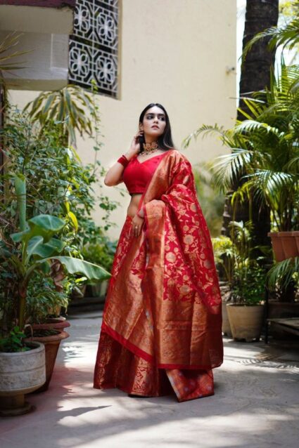 Traditional Red Color Lehenga Choli on Banarasi Silk in Modern Cut Design