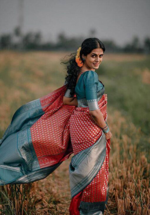 Trendy Banrasi Saree with matching Rama color blouse