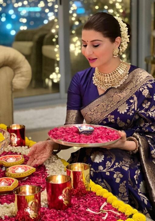 Luxurious Violet Color Soft Lichi Silk Saree with Golden Zari Blouse