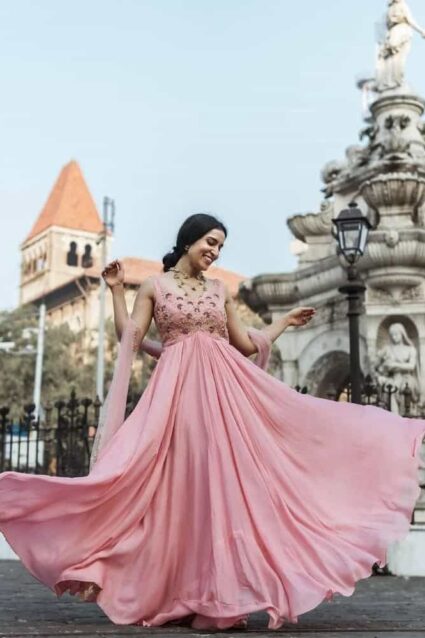 Pink Color Gown On Georgette With Embroidery Work