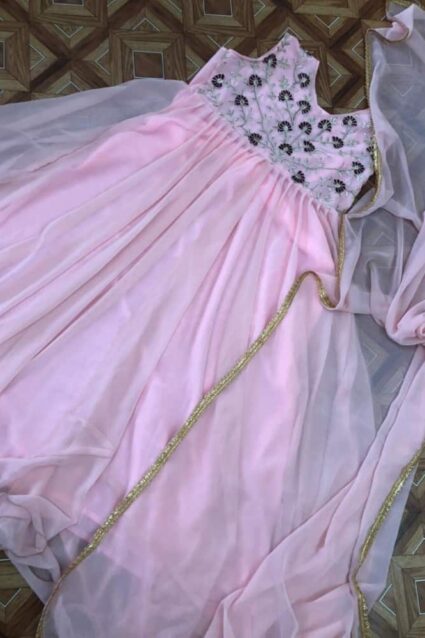 Pink Color Gown On Georgette With Embroidery Work