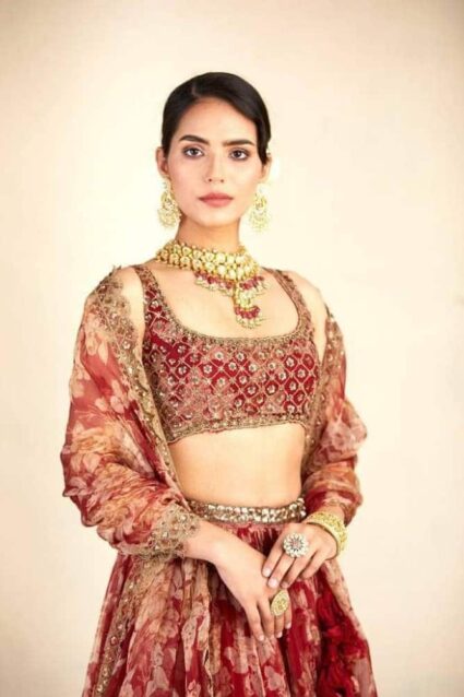 Red Color Lehenga On Organza With Digital Print And Embroidery Work