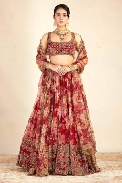 Red Color Lehenga On Organza With Digital Print And Embroidery Work