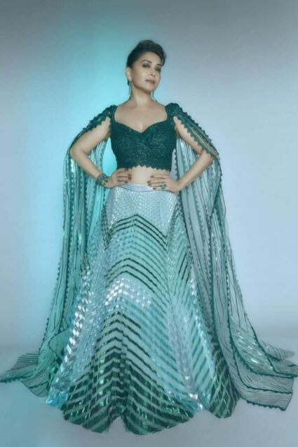 Mint Color Madhuri Dixit Lehenga On Heavy Faux With Embroidery Work