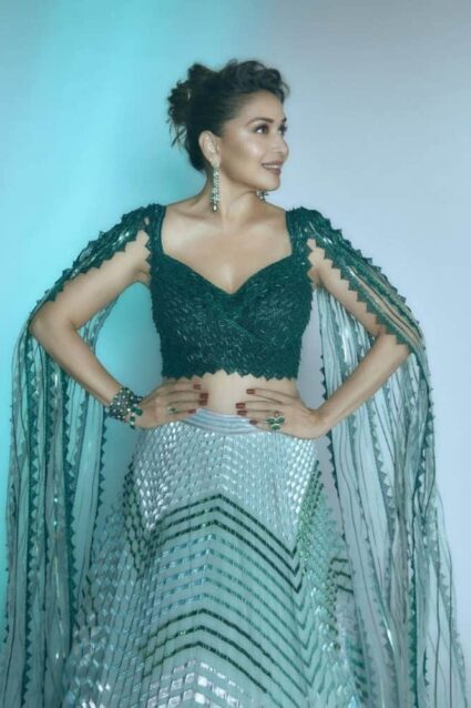 Mint Color Madhuri Dixit Lehenga On Heavy Faux With Embroidery Work