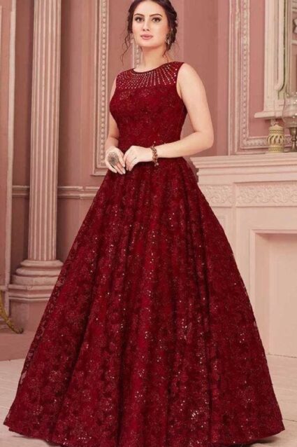 Marron Color Gown On Georgette With Chain Sequin Work