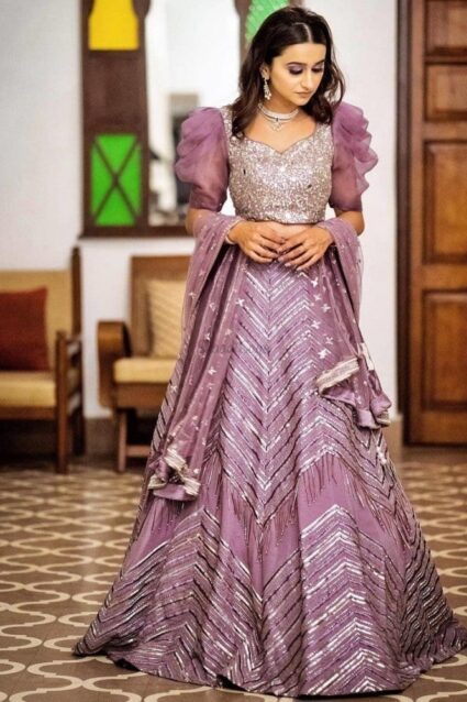 Light Purple Color Lenegha On Taffeta Silk With Heavy Sequin Embroidery Work