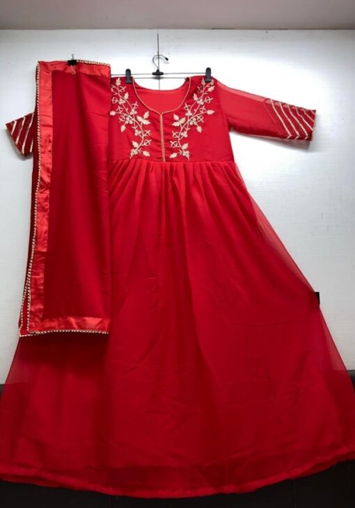 Red Color Kurti On Georgette With Embroidery Work