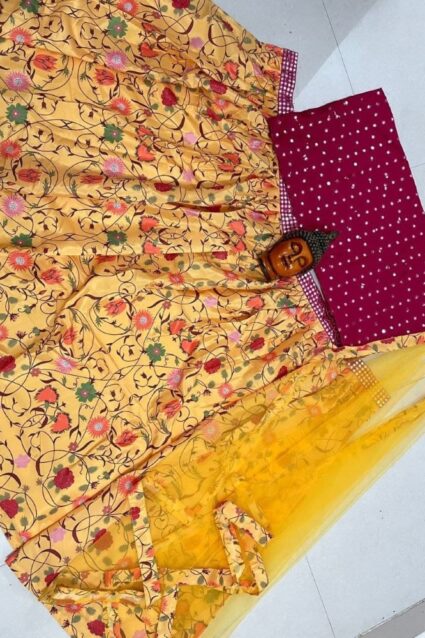 Rani And Orange Color Lehenga Onbangalore Silk With Embroidery Work