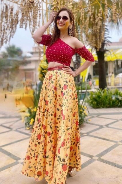 Rani And Orange Color Lehenga Onbangalore Silk With Embroidery Work