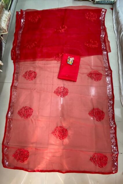 Red Color Saree On Organza With Embroidery Work