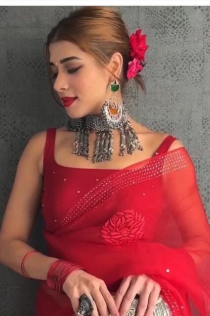 Red Color Saree On Organza With Embroidery Work