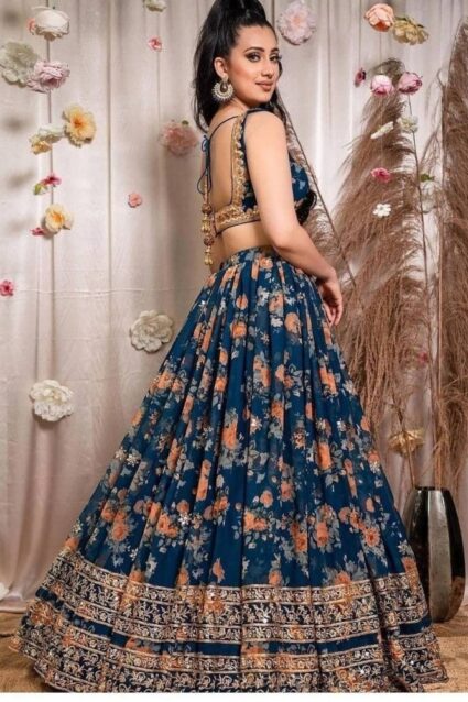 Blue Color Lehenga On Georgette With Embroidery Work