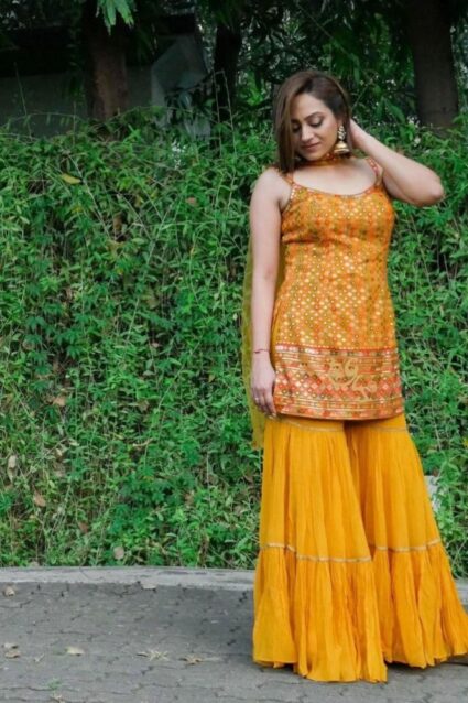 Yellow Color Sharara Suit On Georgette With Embroidery Work Yellow Color Sharara Suit On Georgette With Embroidery Work