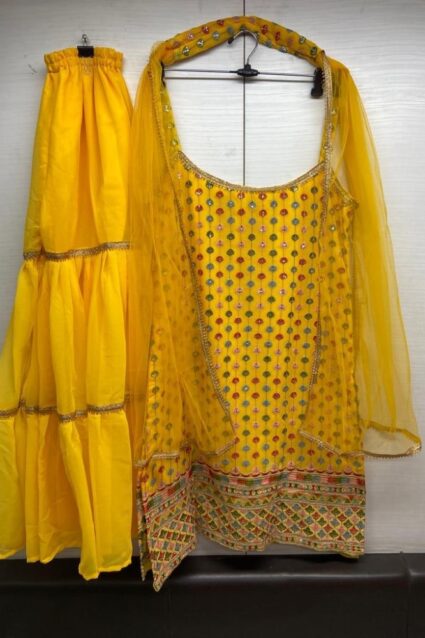 Yellow Color Sharara Suit On Georgette With Embroidery Work Yellow Color Sharara Suit On Georgette With Embroidery Work
