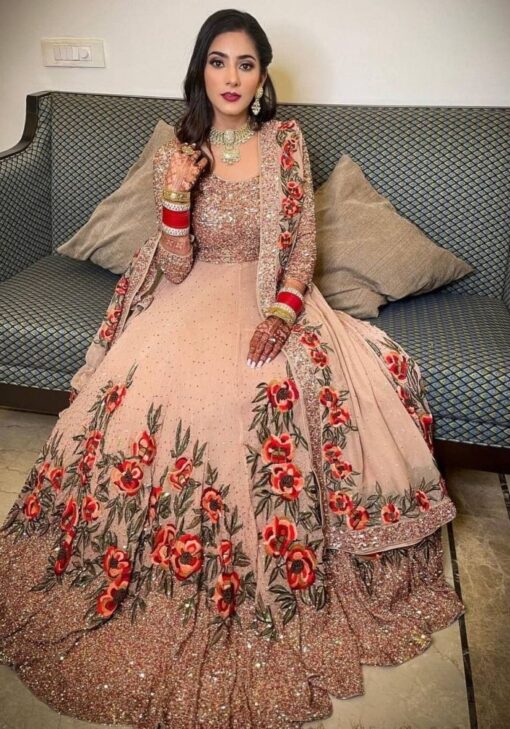 Peach Color Anarkali Suit On Georgette With Embroidery Work