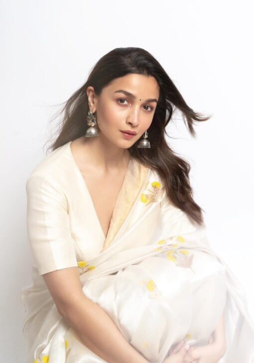 Off White Color Aalia Bhatt Saree On French Crepe With Embroidery Work