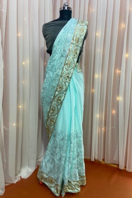 Arctic Color Saree On French Crepe With Sequin Work