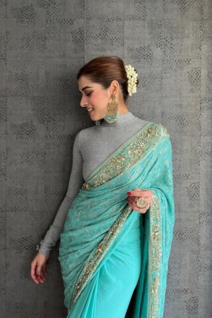 Arctic Color Saree On French Crepe With Sequin Work