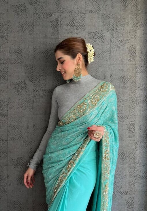 Arctic Color Saree On French Crepe With Sequin Work