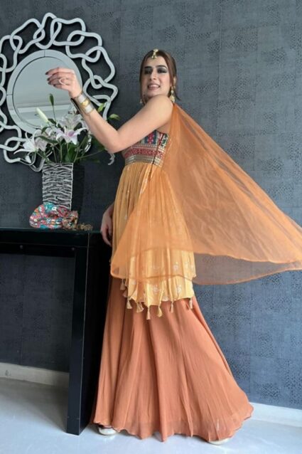 Light Orange Color Suit On Georgette With Embroidery