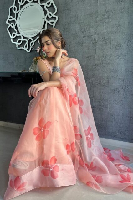 Peach Color Saree On Organza With Digital Print