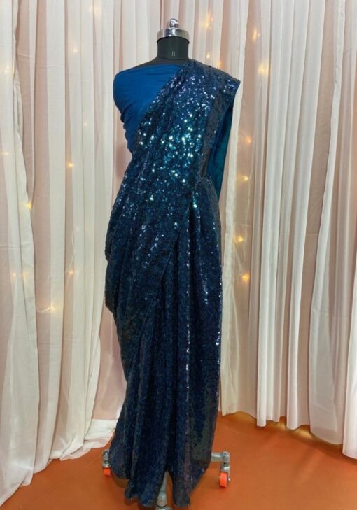 Navy Blue Color Saree On Frenach Crepe With Sequin Embroinderu Work