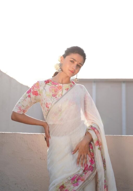 White Color Aalia Bhatt Saree On Linen With Digital Print