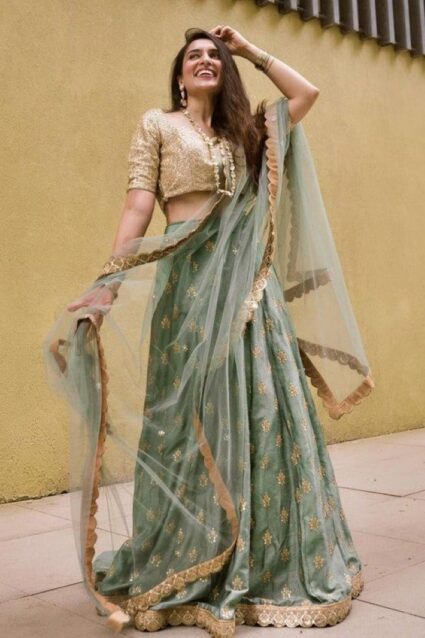 Light Green Color Lehenga On Bangole Silk With Zari Embroidery Work