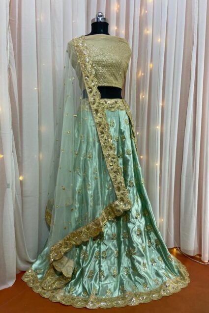 Light Green Color Lehenga On Bangole Silk With Zari Embroidery Work
