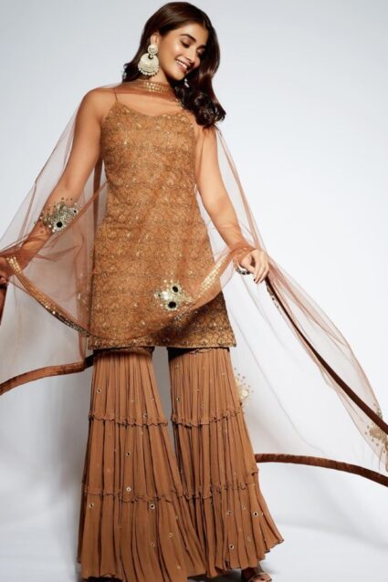 Brown Color Pooja Hegde Sharara Suit On Georgette Brown Color Pooja Hegde Sharara Suit On Georgette