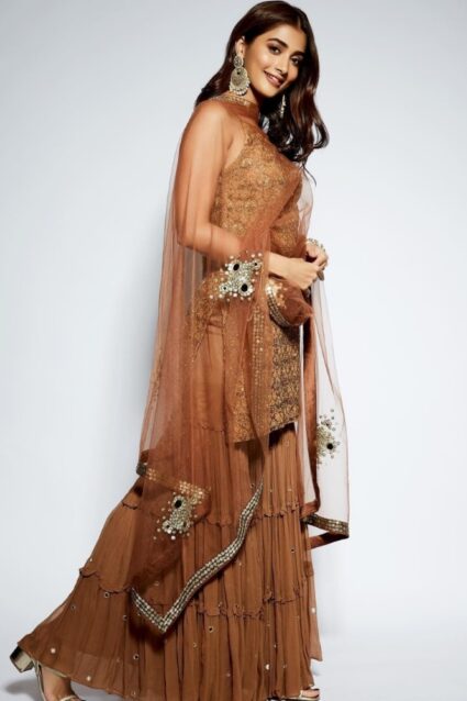 Brown Color Pooja Hegde Sharara Suit On Georgette Brown Color Pooja Hegde Sharara Suit On Georgette