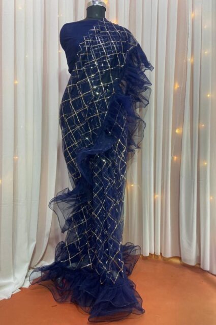Blue Color Saree On Soft Net With Sequin Work
