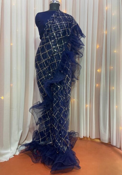 Blue Color Saree On Soft Net With Sequin Work