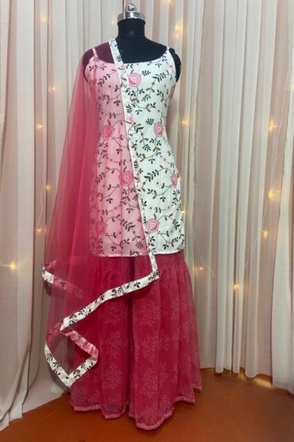 White And Pink Sharara Suit On Poli Riyon With Digital Print Work White And Pink Sharara Suit On Poli Riyon With Digital Print Work