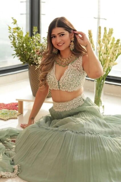 Light Green Color Lehenga On Fox With Embreoidery