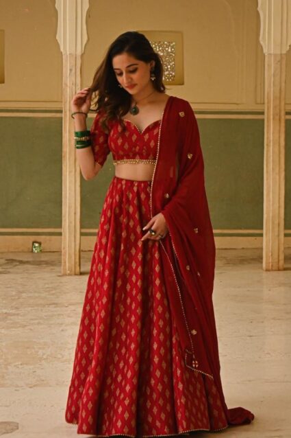 Red Color Classic Lehenga Ob Malai Satin With Foil Print