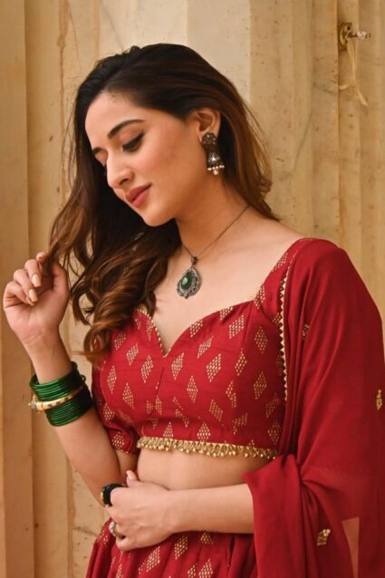 Red Color Classic Lehenga Ob Malai Satin With Foil Print