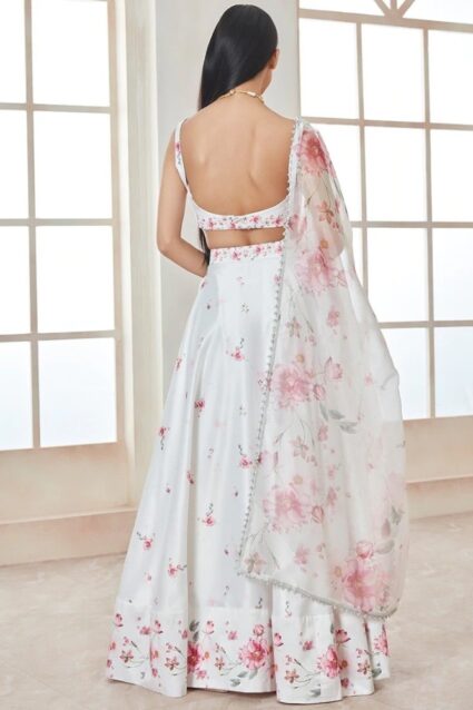 White Color Stunning Lehenga On Satin Silk With Digital Print