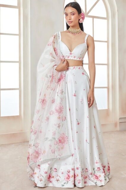White Color Stunning Lehenga On Satin Silk With Digital Print