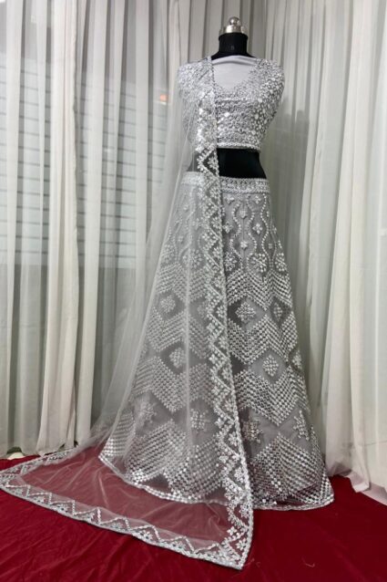 Grey Color Lehenga On Net With Embroidery Work