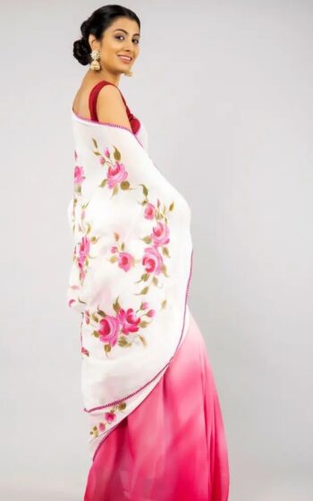 Elegant White And Pink Color Saree On soft Georgette Moss Fabric With Digital Print