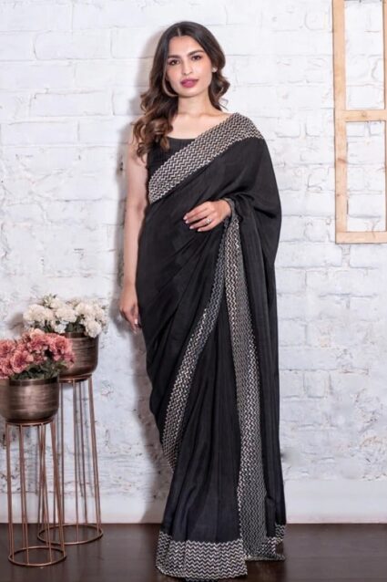 Ethnic Race Party Wear Black Color Saree On Vichitra Silk With Embroidery Work