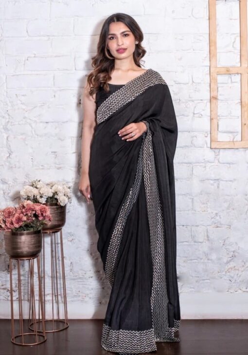 Ethnic Race Party Wear Black Color Saree On Vichitra Silk With Embroidery Work