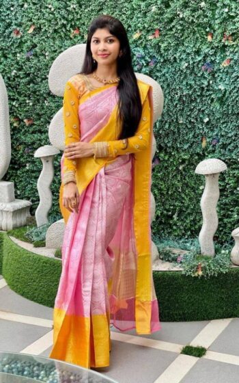 Yellow And Peach Color Saree On Banarasi Soft Silk With Silver Zari Weaving