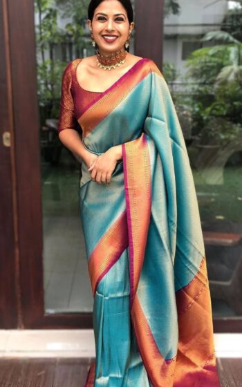 Subtle Rama Color Saree with Copper Zari Weaving