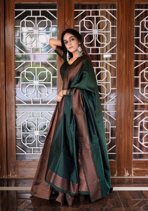 Ethnic Dark Green Lehenga on Banarasi Silk & Copper Zari Blouse