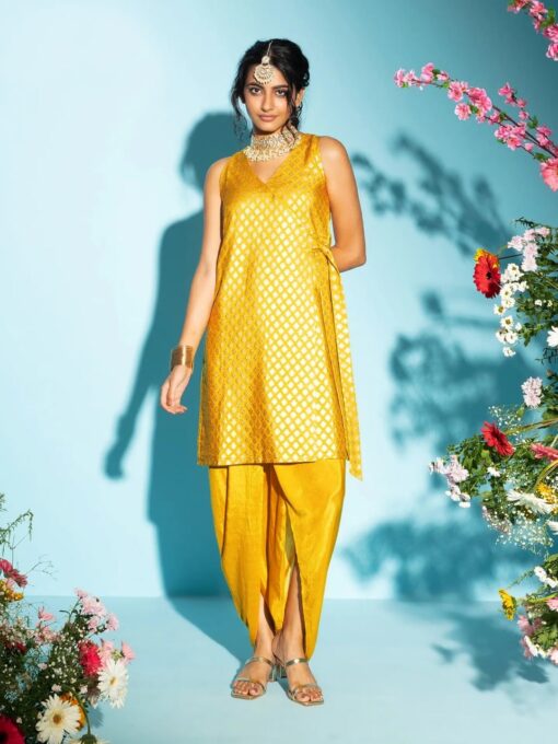 Indian Designer Yellow Kurti Dhoti Set for Festive Wear
