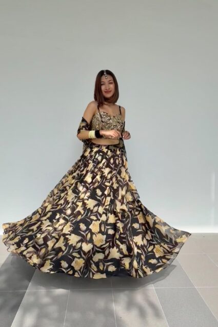 Impressive black crop top lehenga set for Girls